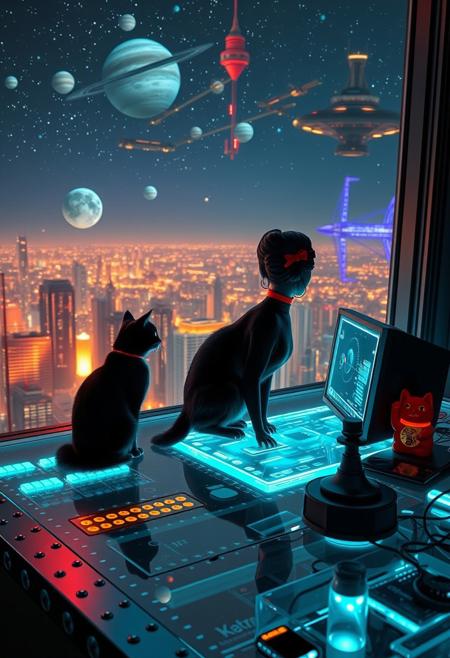 A sleek black cat with red collar sits on a cluttered metal riveted desk with transparent top and micro-LED lighted computer components visible inside, On the desk are a maneki neko statue and a lava lamp, the Black Cat is looking out of a seamless and futuristic floor to ceiling window that looks out at the lights of enormous buildings and cities far below, (((a beautiful woman, 24 years old, is sitting at the desk working on a holographic computer that displays planets and space ships floating in the air in front of her,  the cat is sitting on the desk and looking longingly out the window, the woman is dressed in an ornate elegant Art-Deco Chinese style dress. An enormous deco-cyberpunk starship with futuristic lighting and an enormous space station are visible in the background among the stars, The woman's hair is elegantly tied up with a ribbon. Artistic cyberpunk, dynamic perspective, (((overall architectural aesthetic is Art Deco Cyberpunk))).  Epic image that elicits a feeling of wonder and awe, part of the interior is visible,