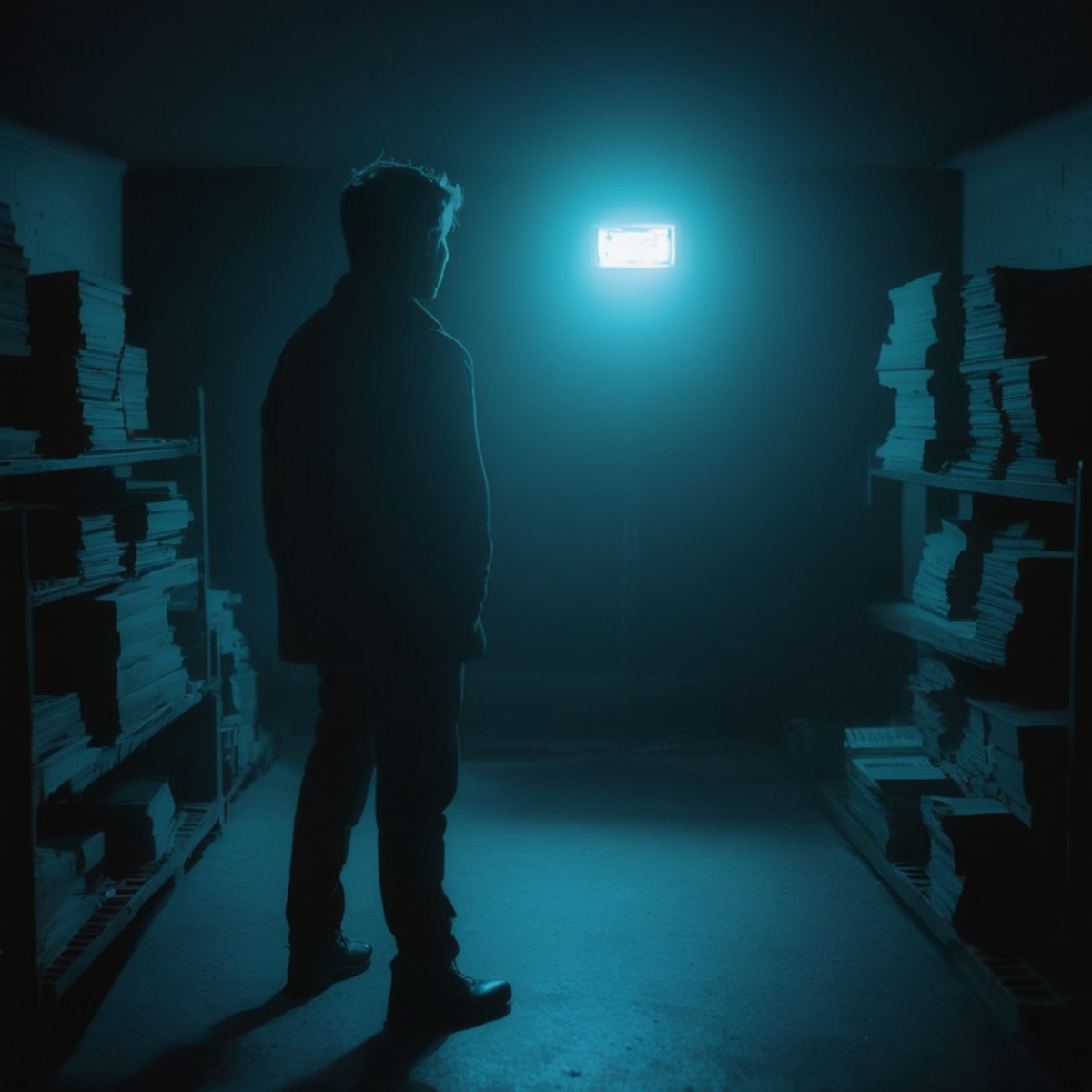 cinematic film still of  <lora:diffused light style:1>
A Diffused light of a man standing in a dark room with neon lights,...