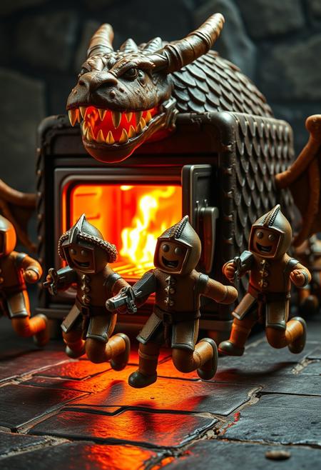 "Image of gingerbread men decorated as knights, screaming in terror as they're chased by a conventional oven transformed into a fire-breathing dragon. The oven is covered in scales, with legs, wings, and a tail, and is in hot pursuit of the knights. Its door is open, revealing sharp teeth and flames that illuminate the dark medieval fantasy setting. The knights are shown running for their lives, their tiny armor and swords no match for the oven's fury. Style: whimsical, humorous, and action-packed, with a focus on capturing the absurdity and danger of the situation." Absurdres Highest-Quality, 4k