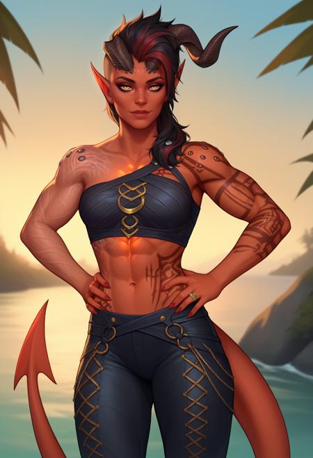 KarlachBG3, demon girl, colored skin, slit pupils tattoo scars muscular toned Yellow eyes Orange eyes Red eyes crop top, black pants, torn pants