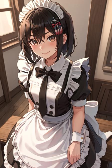 best quality, masterpiece, highres, solo, {maid:1.40}, {long maid dress:1.15}, {sendai_kantaicollection:1.15}, two_side_up, brown_eyes, short_hair, brown_hair, hair_ornament, bangs, smile, serafuku, blush, black_hair, hair_between_eyes