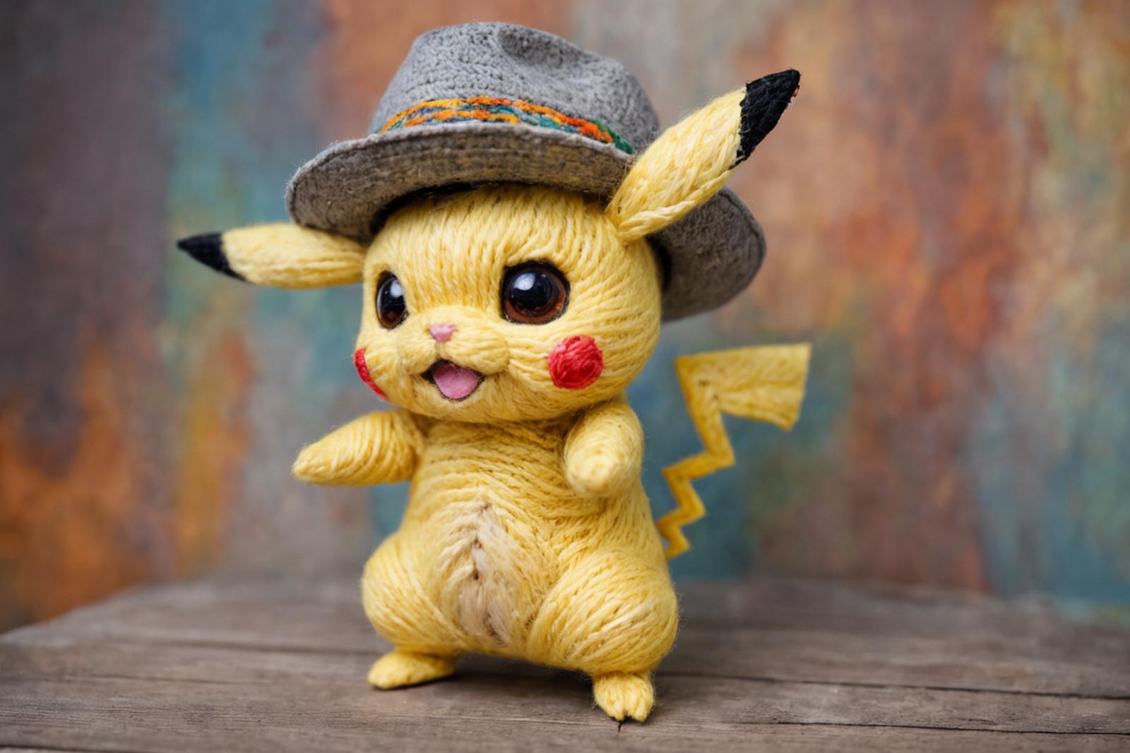 Knitted Pikachu with Yellow and Red Patches and Grey Hat
