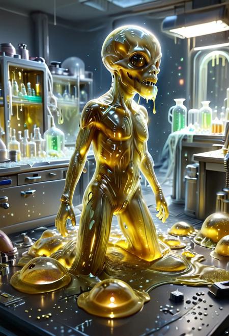 Alien from a dystopian galaxy, golden slime skin with flashes of light, inside a research lab, manipulating solvents and crystal flasks, Sl1m3d, slime-morph