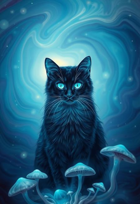 Highly detailed glowing blue ethereal ghost like almost see-through black cat with glowing white eyes.  Swirling background composed of rich blues, teals, and purples, suggesting a mystical with cosmic stars environment. The backdrop appears almost liquid, with the colors merging and flowing into one another, creating a dreamlike, ethereal atmosphere. Below the cat, abstract, mushroom-like forms and organic shapes emerge, enhancing the otherworldly feel of the image. The cat’s bright, piercing eyes draw attention, making it the focal point of this enchanting and mysterious scene, as if it exists within a magical or alternate dimension.