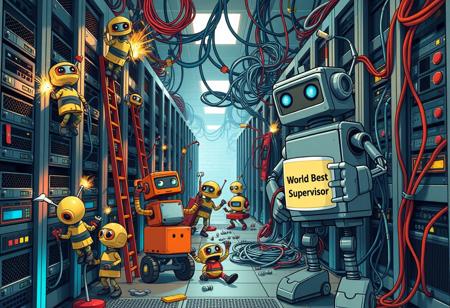 A whimsically chaotic data center where tiny, bumbling robots go haywire. Dressed in miniature mechanic outfits, these endearingly clueless robots clamber up server racks with comically oversized tools, and roll around on squeaky wheels carrying tangled cables and mismatched parts. Sparks fly comically from overheated servers, while robots on ladders juggle spanners and drop screws, causing a frantic buzz. Under the soft glow of blinking lights and colorful, tangled mess of cables, a larger, frazzled robot with a coffee mug reading “World’s Best Supervisor” tries (and fails) to organize the mayhem, utterly exasperated at the pint-sized disaster their tiny co-workers are creating.