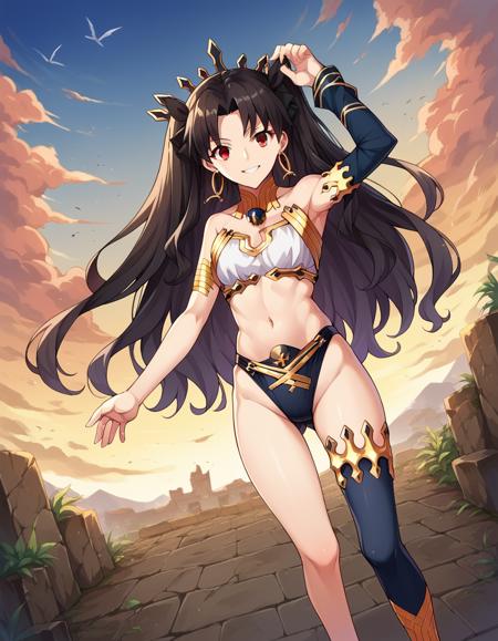 ishtar, long hair, black hair, ribbon, hair ribbon, two side up, red eyes, parted bangs, crown, thighhighs, navel, jewelry, earrings, single thighhigh, armlet, asymmetrical legwear, anklet, uneven legwear, neck ring, single elbow glove, asymmetrical sleeves, uneven sleeves,