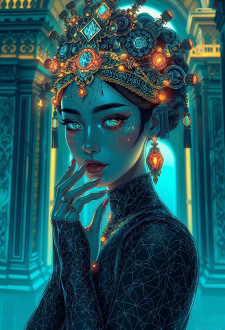 A highly detailed, intricate line-art illustration in the style of olivia berardinis. Detailed hyper realism in the visible body parts (face, hands, legs).
3D rendering, face close-up, CG high model, Elegant [goth ] with bioluminescent glowing makeup and a holographic asian headdress, in a [teal and gold] cyberpunk aesthetic, dark fantasy, anime-style, illuminated by soft lighting
, acrylic painting in style Adam Hughes.
The composition features mesmerizing line work, fine architectural detailing in the background, and a play of light and shadow through intricate hatching. The overall aesthetic is serene, introspective, and dreamlike, blending realism with a highly structured, almost meditative pattern-based design.