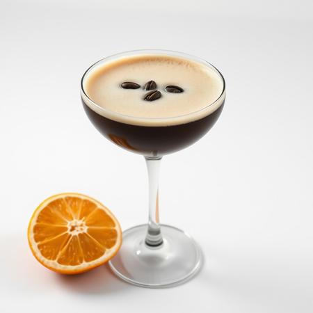 simple product Photography image on a plain, blank, pure 100% bright white background of a foamy espresso martini in a large coupe glass and 3 floating coffee beans as garnish. and cut orange beside it. zoomed out.