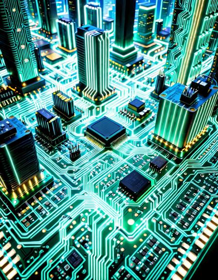 a sprawling futuristic city made of intricate electronic circuits, glowing PCB highways, neon-lit microchips as buildings, towering resistors and capacitors, foggy atmosphere, (ultra-detailed:1.3), (cyberpunk lighting:1.2), birds-eye view, cinematic scale, dusk lighting, surreal realism, TzigoCBS, <lora:Challenge_Winnifier_2025-05:1.0> <lora:CirciutBoardStyle-000004:1.0>