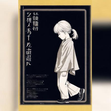 <lora:oldjapcover:1>, oldjapcover,  book cover, poster, drawing, japanese text, book with a, 1boy, kneeling, poncho, ponytail, solo