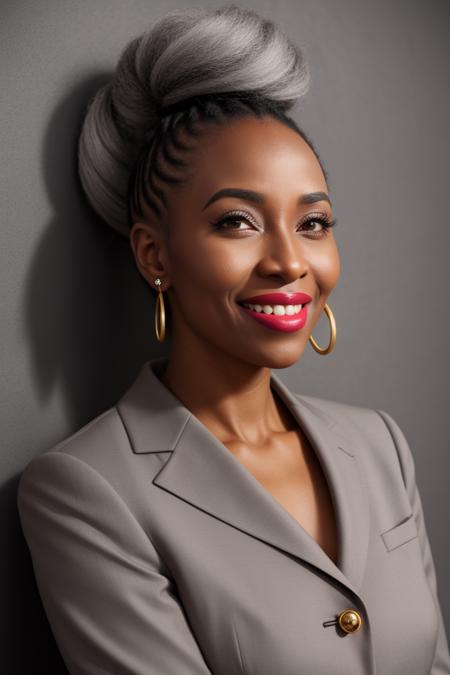 grey theme,
african woman, portrait, smile, laugh, close mouth,
(upper body, bust shot, looking away:1.1),
grey hair, hair over one eye,
grey lipstick,
grey suit,
grey wall, grey background
embedding:DV_Manuela_Vicious
<lora:HairOverOneEye_LOCO_s:2.75>, <lora:breastsizeslideroffset:0.25>,<lora:skin_tone_slider_v1:+2.0>