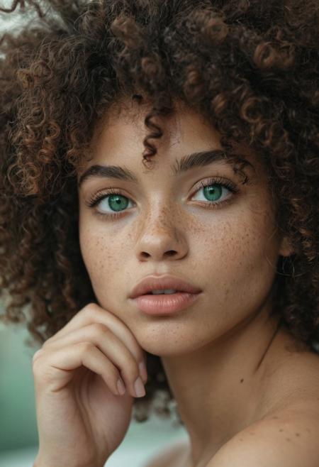 Close-up portrait of a stunning young woman of mixed race, with large emerald green eyes, voluminous natural curly Afro hair, soft freckles, sensual full lips and smooth, flawless skin. She looks directly at the camera with a calm, confident expression, resting her chin on her hand. Natural light, shallow depth of field, dreamy cinematic atmosphere, hyper-realistic details, soft background, sharp facial features, professional beauty photography style.