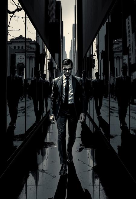 A man in a sharply tailored suit walks through a surreal alley of shifting mirrors, each reflecting fragments of alternate realities. His shadow splits into multiple forms, some walking ahead of him. The background is a high-contrast noir cityscape, blending fashion editorial with graphic novel tension, vivid style