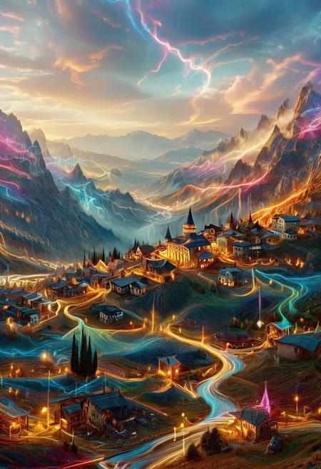 their peaks veiled in mist. mixed media, surrealism, great lighting, A surreal landscape highly detailed . extremely high-resolution details,  appears trapped in an optical illusion of reflections and refractions colorful , , lthndrtrl, mountains and village in Turkey, professional photography, natural lighting, volumetric lighting maximalist. intricately detailed, complex, elegant, expansive, fantastical, film photography style,  medium grain