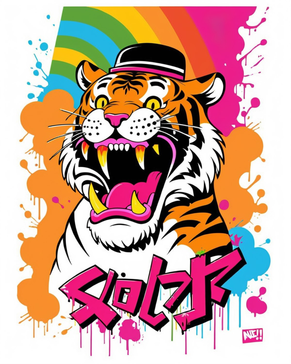 best quality,graffiti,Tiger,   solo, open_mouth, simple_background, hat, white_background, sweat, teeth, hands_up, no_huma...