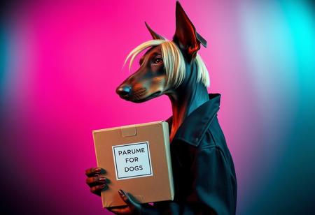 An anthropomorphic brown Dobermann dog with soft, long, natural ears and a blonde bobcut with long hair in the back, wearing a black trenchcoat, depicted in profile, side view. The dog is holding a cardboard box labeled ‘Parfum for Dogs’ in a surreal and avant-garde fashion illustration style. The scene features a turquoise silver grunge aesthetic against a gradient magenta and teal background. The setting includes vivid colors, filigree details, and photorealistic rendering. The lighting is moody chiaroscuro, enhanced by the visual distortion of fisheye cinema prime lenses (9mm) and noir film-style color correction