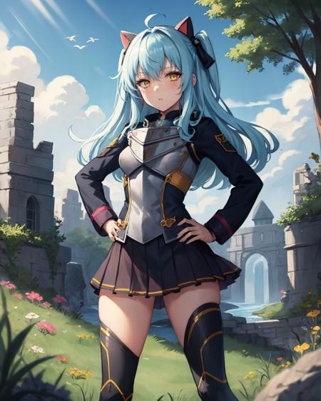 best quality, (masterpiece:1.2), illustration, absurdres,
(1girl, solo), (beautiful detailed girl),
<lora:TioZero:0.9>,  Tio Plato, yellow eyes, aqua hair, long hair, two side up, small breasts, 
fake animal ears, 
black dress, breastplate,  pleated skirt, black thighhighs, grey boots,
looking at viewer, 
magical forest, flowers, fairy ring, glowing plants, ancient ruins, stone ruins, sky, clouds,,
((hands on hips)), cowboy shot,