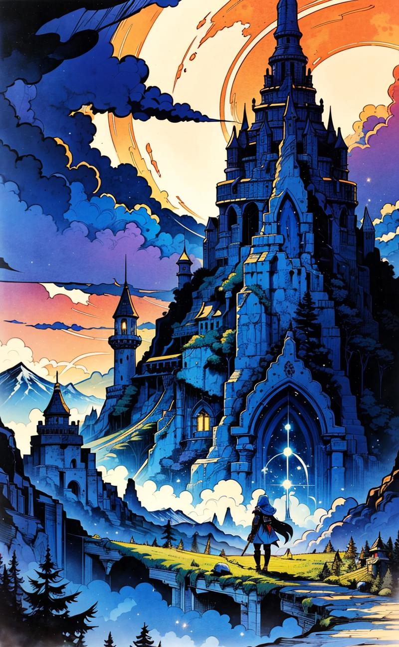 Artistic Illustration of a Castle and Mountain Range with Clouds and a Moon in the Background