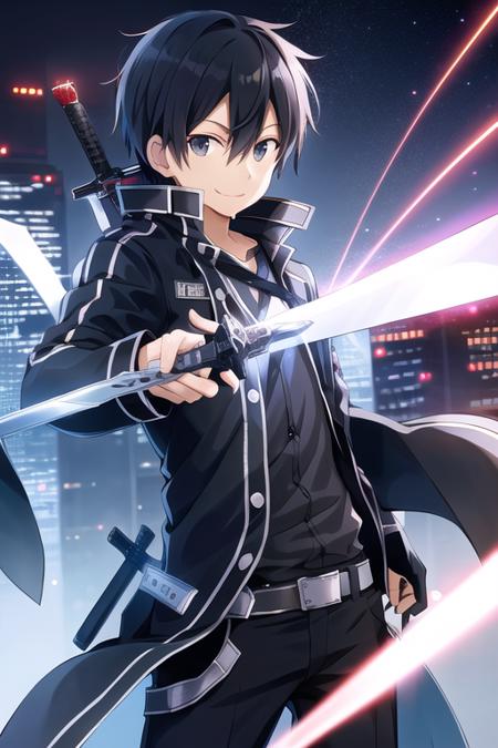 <lora:kirito:0.6>, high res, kirito, solo, 1boy, smile, cyberpunk, cityscape, skyscraper, sword, light