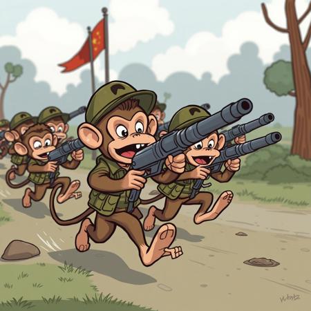 Cartoon monkeys running an artillery corps