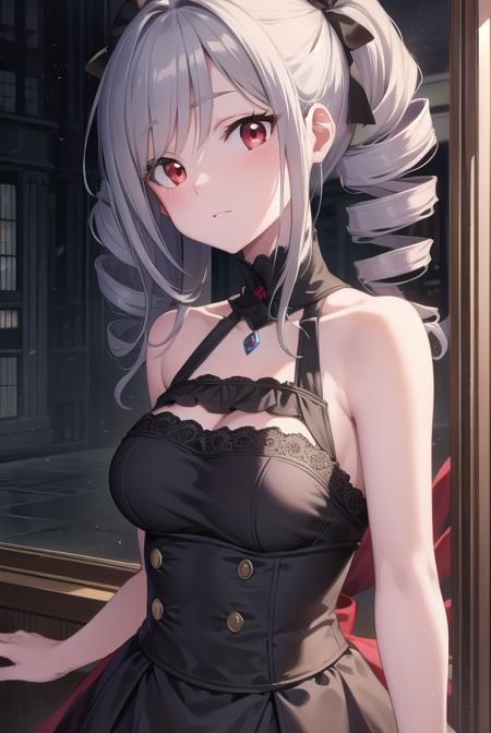 ranko, (drill hair:1.5), grey hair, long hair, pale skin, (red eyes:1.5), twin drills, black dress, dress, gothic, gothic fashion, neck garter,