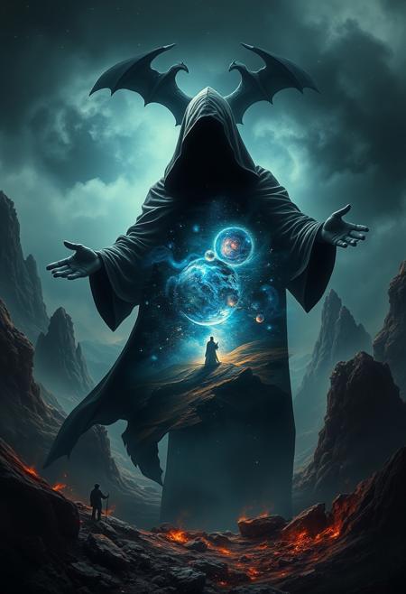 A universe inside a dark cloaked figure within mysterious landscape in an unfathomable realm of fantastic creation inhabited by ancient shadows of a forgotten time beyond the gate of the gateless gate where life is limitless, light is shadow and shadow is light, eerie sense, horror, spark of the beginning, existence and nonexistence at once, ethereal, outstretched arms, behold the end of the beginning, inglorious glory to the dark one, betrayal of the ancient order, beware the 7headed beast, destroyer of the old ways, bearer of the unbearable