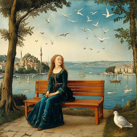 masterpiece,best quality,<lora:tbh183-sdxl:0.8>,illustration,style of Albrecht Durer, Hadise sits on a bench in an Istanbul park by the Bosphorus, eyes closed, enjoying the moment. Seen from the side, with seagulls flying overhead and the sparkling sea in the background, on a warm sunny day.