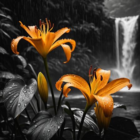 Orange, 
mystical yellow Lilias amidst morning raindrops surrounding cascading waterfalls, 
captured in monochrome black and white, 
digital art, 
composition aligned with nature's golden ratio, 
intricate detail worthy of trending on ArtStation, 
8K resolution, 
photorealistic concept, 
soft natural volumetric light achieving a cinematic ambience akin to chiaroscuro, 
an award-winning oil on canvas style digital painting reminiscent of masters