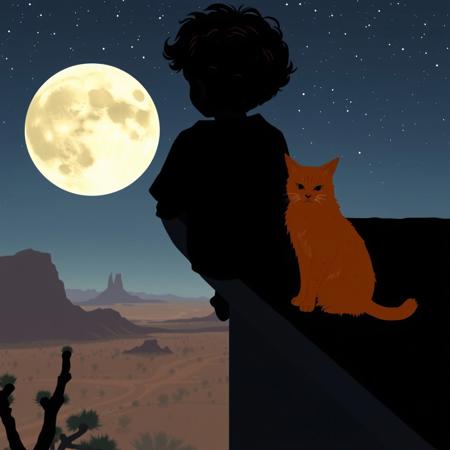silhouette of a young boy with dark curly brown hair sitting at the peak of a roof of a house. Next to him is an orange cat with medium length fur. They are looking out over a desert landscape with subtle buttes in the distance lit by a full moon. The viewer's perspective is from below, looking up at the boy and the cat. The night sky is clear, with a very large full moon and a sky full of stars.