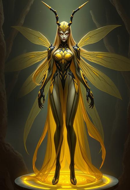 (masterpiece, best quality), Vesperia from Primal Hunter, humanoid vespernat queen, tall and commanding female form, approximately 2.3 meters tall, long flowing golden hair, black eyes with radiant yellow irises, yellow and black antennae rising from her forehead, sheer wasp-stripe dress in alternating translucent yellow and black, dress flowing elegantly around her limbs, chitinous yellow-and-black accents peeking through the fabric like armor, regal and alien beauty, lean muscular proportions with insectoid undertones, graceful four-fingered hands, soft bioluminescent glow in yellow highlights, high fantasy science fiction setting, faint humming from vestigial wings under her dress, standing on a raised bioluminescent platform in her hive, dignified, elegant yet unnerving presence, aura of psionic command, digital painting, highly detailed concept art, fantasy xenoqueen, by greg rutkowski and wlop