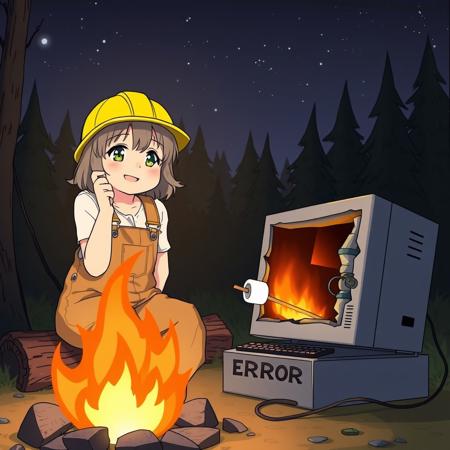 anime source, nighttime, stars, girl in work overalls, happy smiling, watching the fire, yellow hard hat, forest in the background, sitting by the fire, sitting on a log, roasting marshmallows on a stick, girl is holding the stick, a broken computer on fire, damaged computer screen, screen says 'error',