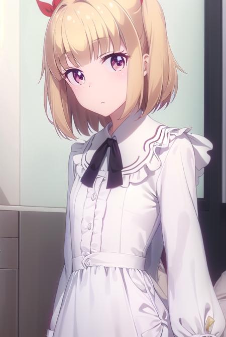 yun ijima, short hair, blonde hair, (red eyes:1.3), ribbon, hair ribbon, two side up, dress, white dress, collar, puffy sleeves, long sleeves, frills,