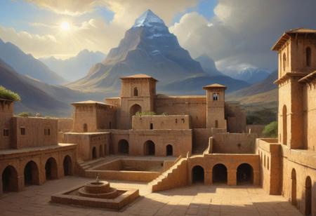 An oil painting in the style of Frederic Edwin Church and Ivan Aivazovsky, capturing a monumental Andean-Sahel fusion structure set against a dramatic mountain backdrop. The warm, earthy adobe walls of the building rise elegantly from carved stone terraces, with large, open arches and geometric patterns influenced by Sahelian design. Sunlight highlights the textured surfaces, while shaded courtyards and wooden latticework cast intricate shadows. Green rooftop gardens and solar panels blend naturally with the scene, adding harmony between architecture and landscape. The painting evokes a sense of epic scale, rich detail, and a timeless, serene atmosphere
Breathtaking high fantasy cityscape nestled in a mystical valley, showcasing Andean-Sahel Fusion Architecture. The city features massive stone pyramids with trapezoidal doorways and terraced levels, crowned by conical thatched towers. Intricately carved wooden balconies and vibrant stained-glass windows adorn the structures. Walls of precise ashlar masonry alternate with textured stucco sections painted in warm earth tones.
Winding cobblestone streets connect enchanted plazas with ornate fountains. Colonnaded walkways with Renaissance-inspired arches line the streets, where ethereal beings mingle. Lush hanging gardens cascade from terraced rooftops.
