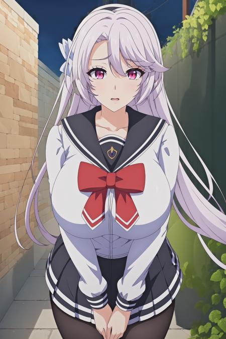 (Night:1.7), in front of a brick wall with a plant,
Standing at attention,
sailor collar, school uniform, serafuku,collarbone,Black pantyhose,pleated skirt, red_bowtie,
 <lora:Nagisa_Watase_Family-KK77-V1:0.7>,
long hair,pink eyes,silver hair,
1 girl, 18yo,Young female,Beautiful Finger,Beautiful long legs,Beautiful body,Beautiful Nose,Beautiful character design, perfect eyes, perfect face,
looking at viewer,(Close_up_face),(Focus on her face),
NSFW,official art,extremely detailed CG unity 8k wallpaper, perfect lighting,Colorful, Bright_Front_face_Lighting,
(masterpiece:1.0),(best_quality:1.0), ultra high res,4K,ultra-detailed,
photography, 8K, HDR, highres, absurdres:1.2, Kodak portra 400, film grain, blurry background, bokeh:1.2, lens flare, (vibrant_color:1.2)
(Beautiful,large_Breasts:1.4), (beautiful_face:1.5),(narrow_waist),