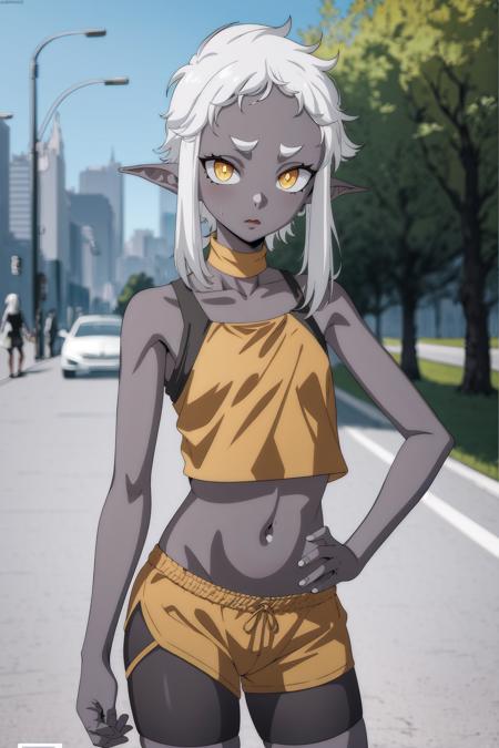 (best quality, masterpiece),Ghorza, 1girl, solo, grey skin, colored_skin, yellow eyes, white hair, pointy ears, small breasts, looking at viewer, blurry background, crop top, biker shorts, outdoors, looking at viewer, park, 