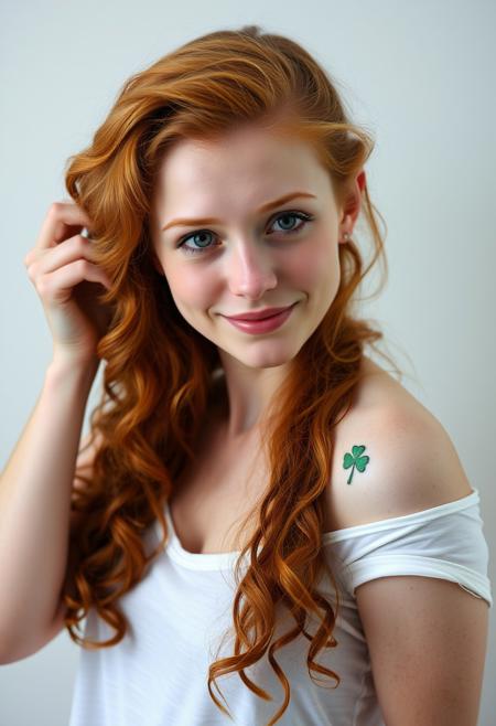 a portrait of  a redhead with very pale skin, freckles , irish  woman with long curly hair and no makeup.she  has a coy  smile and is cross-eyed, there is a sparkle in her green eyes. she is wearing a  see-through  off one shoulder white t-shirt which shows a tattoo of a small  four leaf clover on her shoulder  she is running one hand through her hair, her head is tilted to the side in a coy fashion