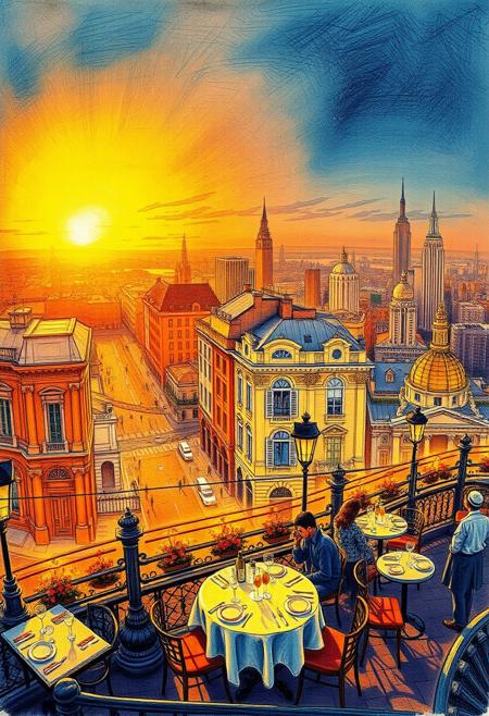 A romantic café terrace illuminated by golden light, detailed panoramic cityscape, drawn from memory, intricate linework, realistic perspective, photographic quality, architectural complexity, urban environments, iconic skylines, bustling streets, sprawling views, grandeur and fine details, metropolitan life celebration