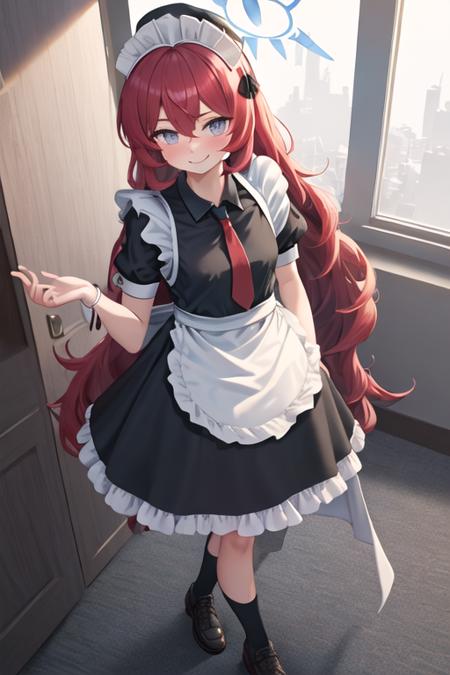 best quality, masterpiece, highres, solo, {maid:1.40}, {long maid dress:1.15}, {iroha_bluearchive:1.15}, long_hair, red_hair, halo, bangs, blush, hat, hair_between_eyes, peaked_cap, black_headwear, grey_eyes, military_hat, necktie, red_necktie, smile, very_long_hair