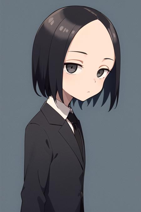 Tsukimoto_sanae, 1girl, solo, black eyes, black hair, short hair, forehead