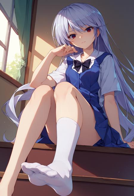 kazami kazuki, silver hair, long hair, red eyes school uniform, black bow white kneehighs sundress