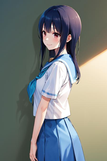 masterpiece, best quality, highres, ym1, blue sailor collar, blue skirt, short sleeves, white shirt, white socks, serafuku, pleated skirt, school uniform, blue neckerchief, <lora:yoroizuka_mizore_v1:0.7>, smile, from side,