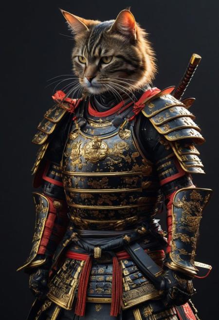 Realistic full body  photo cat head samurai armour standing, red and gold , in Japanese style,  ,extremely realistic,  samurai focus, super detailed, realistic neon lights,