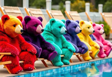 A lineup of bears in all colors of the rainbow with darker and lighter accent colors, they're all chilling on deck chairs by a pool