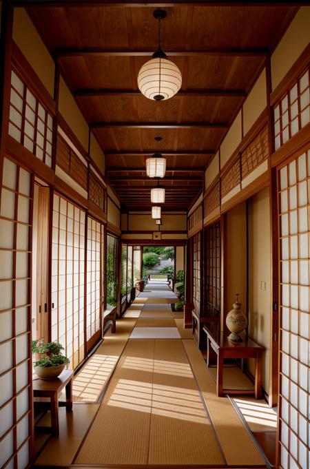 japaninterior, hallway, dim light, ornament, mirror, ornate, detail, traditional, ceramic, painting, japan calligraphy, garden, wooden floor <lora:ARWJapanInterior:1>