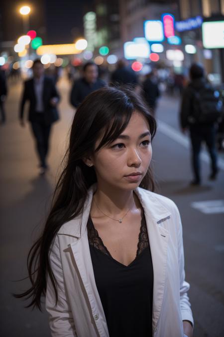 A poorly lit night photo of a woman [smoking a cigarette::2] outside in the city at night