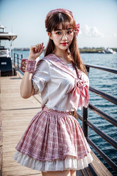<lora:idol_costume_style7_v1:0.75>, (idol costume, cyb skirt, cyb shirt, plaid skirt, idol, wrist cuffs, bow, sailor collar, frilled skirt, frills):1.2, dance ,
BREAK((solo:1.1, 1woman, adorable, cute , clear face), (full body:1.35), dynamic angle, dynamic posture, detailed shadow, detailed lightning, (wide view, wide-angle lens)),
BREAK(perfect(anatomy,body,face,hand,leg,foot,finger),(red eyes, (multicolor blue pink hairs):1.15, long hairs):1.2, cleavage),
BREAK(((a woman wearing a sliver oval glasses):1.2), soft light, light on face, cinematic lighting),
BREAK(beautiful detailed woman, glossy pink lips, (milky skin, shiny skin):1.25, makeup, blush,eyeliner, eyeshadow, eyelashes, textured skin, collarbone, perfect skin)
BREAK(<lora:more_details:0.7>, extremely detailed, CG, 8k Amazing, finely detail, (masterpiece:2.0, best quality), (intricate details, depth of field)),
BREAK((<lora:uber_saggy2:0.66>, saggy, sagging_breasts, (huge breasts))),
detailed ferry boat, detailed ocean, sky , scenery , panorama view , day , in ferry boat,