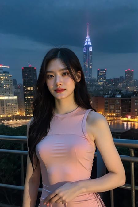 nikon RAW photo,8 k,Fujifilm XT3,close up photo, masterpiece, best quality, 1girl,solo,realistic, photorealistic, (extremely detailed face), ultra-detailed eyes and pupils, looking at viewer,  ultra detailed, serious expression, standing against a city skyline at night, (tight dress), sleeveless, tiny waist, big hip, smile, <lora:seeunlorashy:1>