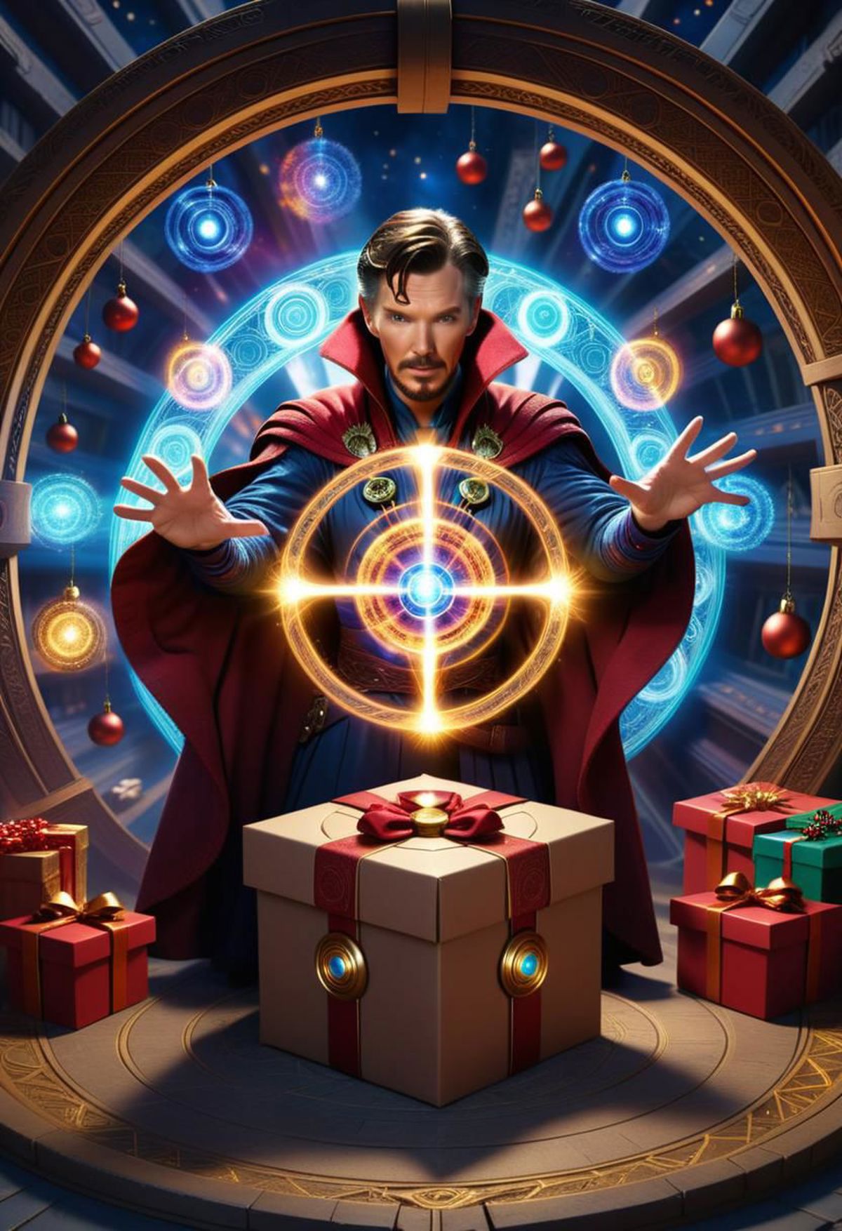 A Marvel Comics poster featuring a character holding a Christmas gift in front of a blue background.