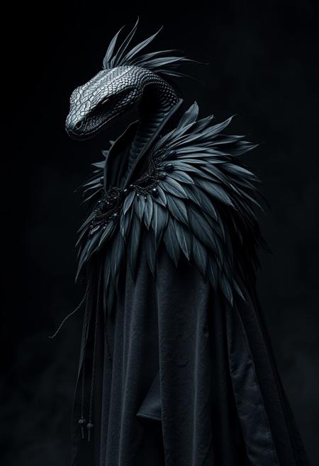 human black snake wearing a grunge and dirt cape, Dark Style, black feathers ornamentation, black jewelry, gothic Style, long cape, wind, dark background, mist, photography studio style, hyper realistic, ultra detailed