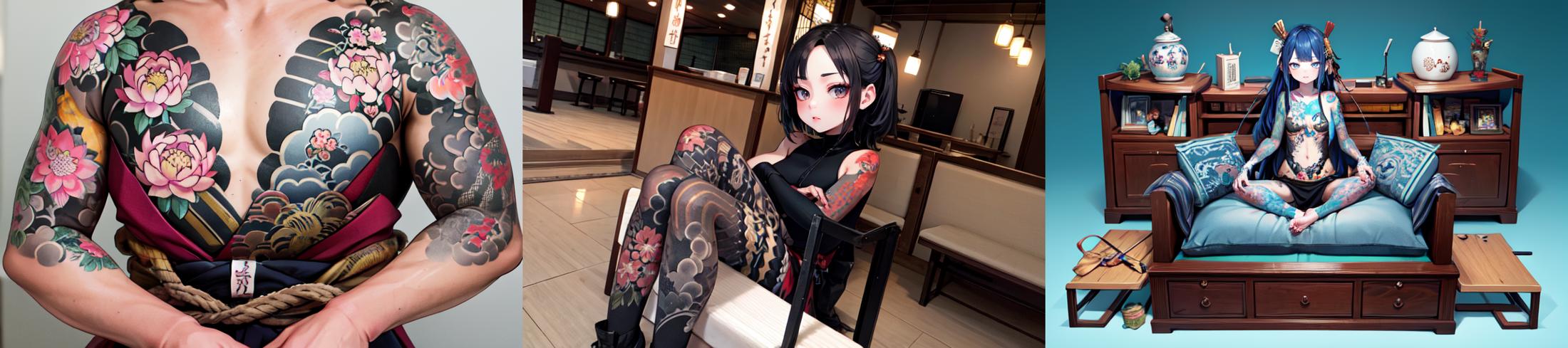 highly insanely detailed, masterpiece, top quality, best quality, highres, 4k, 8k, RAW photo, (very aesthetic, beautiful and aesthetic), 
__lazy-wildcards/subject/costume-tattoo/Japanese-tattoo-Irezumi/prompts__, 
<lora:CONCEPT_irezumi_YakuzaTattoo_ownwaifu-15:0.6>, 
(1girl:1.3), 1other, 
__lazy-wildcards/prompts/hair__, 
__lazy-wildcards/dataset/background__,âââ